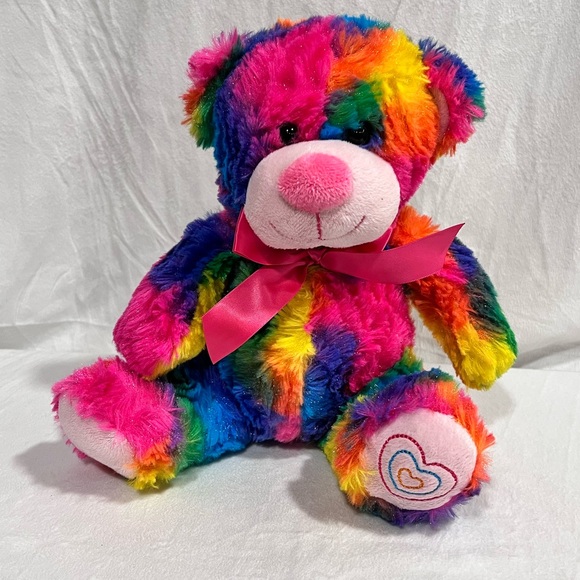Kellytoy Other - Kellytoy 12" Plush Rainbow Bear Stuffed Hot Pink Bow Heart Embriodery on Paw